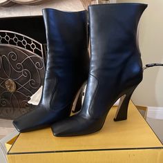 Never Been Worn Size 9 Black Leather Fendi Heels, Two Tone Boots, Fendi Boots, Tall Heeled Boots, Brown High Heels, Patent Boots, Wrap Boots, Shearling Boots, Fendi Shoes