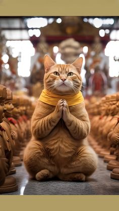 an orange cat sitting on top of a table covered in figurines wearing bandannas