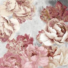 pink and white flowers are on a gray wallpaper with an old - fashioned look