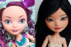 two dolls side by side, one with long black hair and the other with blue eyes