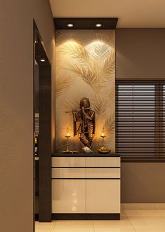 the interior of a modern living room decorated in gold and white