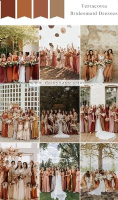 a collage of different bridesmaid dresses and bouquets in shades of orange, brown, gold