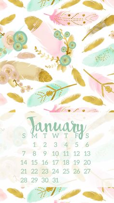 a calendar with feathers and flowers in pastel pink, blue and gold on it