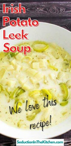 a white bowl filled with soup on top of a wooden table next to a sign that says, we love this recipe