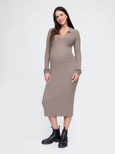 Supersoft cotton-blend, ribbed-knit maternity midi sweater dress.  Polo collar with V-neck.  Long sleeves.  Please note: Maternity styles cannot be returned in store.  Please enjoy free returns by mail.  Fit: Slim.  A fitted silhouette that fits close to the body.  Hits below the knee.  Choose your maternity Maternity Sweater Dress Nordstrom, Maroon Maternity Sweater Dress, Brown Maternity Sweater Dress, Pregnant Sweater Dress, Maternity Sweater Dress, Maternity Styles, Midi Sweater Dress, Gap Maternity, Plymouth Rock