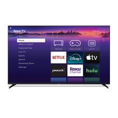 the rokuo smart tv is shown in front of a white background with purple and blue