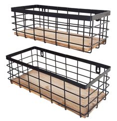 two black metal baskets with wooden trays