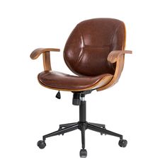 a brown leather office chair with wheels