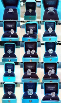 many different types of diamond rings in blue boxes with white lettering on them and pictures of the same ring