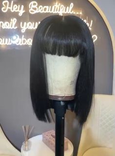 Colour: natural colour (black) Texture: 100% Vietnamese Bone Straight Human Hair Wigs Length: 8" , 10" and 14" | 13x4 Lace Frontal Wig Note: As your hair will be custom made please allow up to 3 days for the hair to be made and also 3 days to process shipping   This hair can be bleached and permed  Life Time: No Tangle No Shedding , Low Maintaining 12 months or more with proper care Banged Bob, Black Hair Bob With Bangs, Black Lace Front With Bangs, Short Black Wigs With Bangs, Bang Black Wig, Black Bob Wig With Bangs, Bob With Fringe, Black Bob, 100 Human Hair Wigs