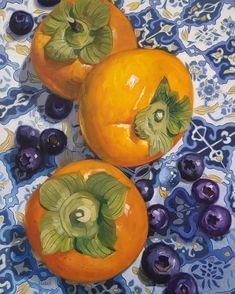 three oranges with green leaves and blueberries on a tablecloth, painted in acrylic paint