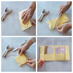 four pictures showing how to make an origami book