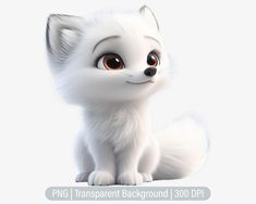 an animated white fox with big eyes sitting down and looking at the camera, on a light background