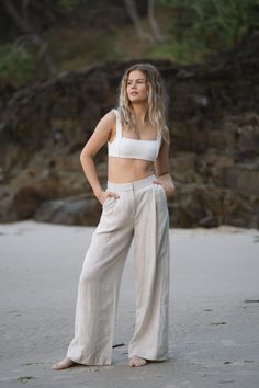 Step into comfort and style with our oatmeal linen pants for women. These breathable linen trousers are perfect for everyday wear, offering a casual yet chic look. Equipped with side pockets, our casual linen pants with pockets combine functionality with fashion. The comfortable elastic waist linen pants ensure a perfect fit, adaptable to any body shape. Whether you're dressing up or dressing down, these versatile full-length linen trousers are an impeccable choice for any wardrobe. Linen Pants For Women, Lilly Pilly, Casual Linen Pants, Align Top, Bold Text, Wool Clothing, Knitwear Dress, Organic Linens, Linen Trousers