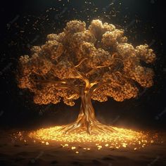 a golden tree with lots of gold coins falling from it's branches in the dark