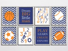 four wall art prints featuring sports balls, numbers and the words dream big little man