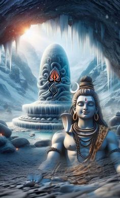 an image of lord ganesha sitting in front of a cave with ice formations