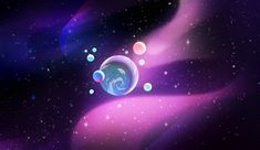 an abstract space scene with bubbles and stars in the background is purple, blue, and pink