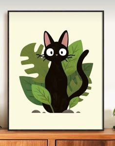 a black cat sitting on top of a wooden dresser next to a green leafy plant