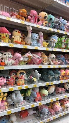 many stuffed animals are on shelves in a store