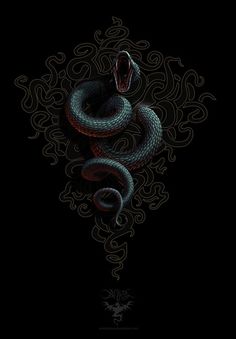 a snake on a black background with swirls and curves in the shape of a circle