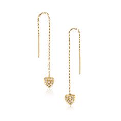 Playful yet charming, these threader earrings are delicate and expertly handcrafted from 18k gold plated sterling silver. These feature a very delicate cable chain that effortlessly leads to an equally dainty, high-shine Heart motif.  Wear them with your hair swept up for a subtle statement and adjust the length to your preference. Threader earrings are easy to wear and very light in weight.  Details: Handcrafted from 18k gold plated sterling silver 2 micron gold plating  Nickel free Features de Valentine's Day Yellow Gold Dangle Earrings, 14k Gold-filled Heart Earrings For Valentine's Day Gift, 14k Gold-filled White Dangle Earrings, Gold 14k Gold-filled Dangle Chandelier Earrings, Hypoallergenic 14k Gold-filled Dangle Pearl Earrings, Threader Earrings, Cleaning Jewelry, Gold Plated Sterling Silver, Gold Vermeil