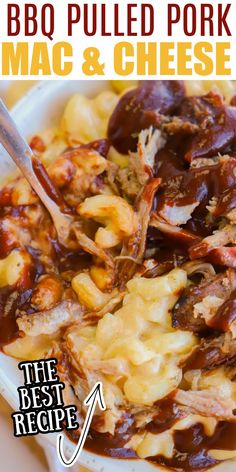 the best bbq pulled pork mac and cheese is in a white bowl with a spoon