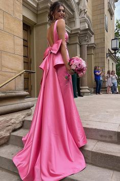 Pink Banquet Dresses, Prom Dresses With Bows On Back, Bow Prom Dress, Prom Dress With Bow, Pink Prom Dress With Bow Straps, Pink Evening Dress With Bow Straps, Pink Dress With Bow For Dress-up, Pink Bow Dress For Pageants, Pink A-line Dress With Bow