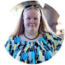 a woman with sunglasses on her head in front of a white background and a circular photo