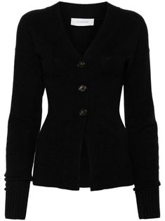 black wool-cashmere blend knitted construction front button fastening V-neck long sleeves ribbed cuffs and hem straight hem Luxury Cardigan, Mom Inspo, Lirika Matoshi, Dark Academia Clothes, Academia Clothes, Paris Outfits, Cardigan Black, Modest Fashion Outfits, Workout Outfit