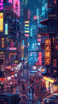 a city street filled with lots of neon lights