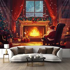 a living room with a christmas fireplace and santa claus sitting in front of the fire