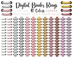 the digital binder rings are all different colors and sizes, including gold, silver, pink