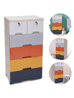 multicolored drawers are stacked on top of each other with the same color and size