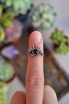 Obsidian Silver Protective Eye Ring — Abbey Road Collection Eye Ring Silver, Wire Jewelry Rings, Wire Wrapped Stone Jewelry, Wire Wrap Jewelry Designs, Wire Jewelry Designs, Diy Wire Jewelry, Wire Work Jewelry, Abbey Road, Handmade Wire Jewelry