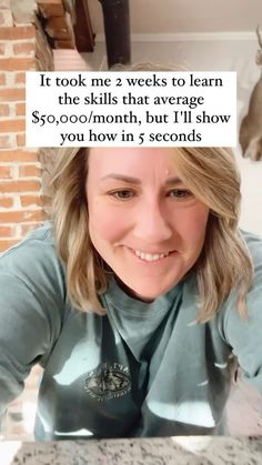 a woman sitting at a table with a sign above her head that says it took me 2 weeks to learn the skills that average $ 10 00 / month, but i'll show you how in 1 seconds