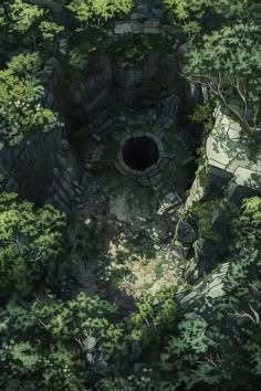 an aerial view of trees and rocks with a hole in the middle