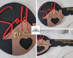 two pictures of a cake with the words sold by susan on it and hearts cut out