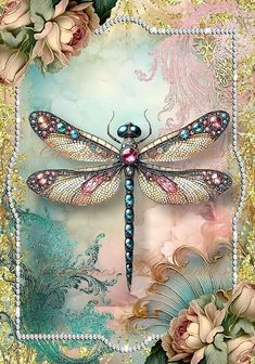 a dragonfly sitting on top of a piece of art surrounded by flowers and leaves