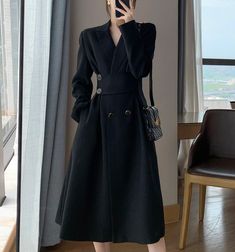 Black Belted Double Breasted Fit & Flare Blazer Coat Vivian Seven Blazer Dress Long, Long Blazer Dress, Double Breasted Blazer Dress, Long Jacket Dresses, Women Black Dress, Fit And Flare Coat, Office Dresses For Women, Lady Dress, Long Midi Dress