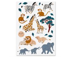 an animal sticker sheet with various animals and trees on it, including giraffes