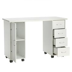 a white desk with three drawers and two file cabinets on wheels, in front of a white background