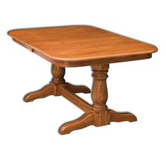 a wooden table with two turned legs and a square shaped top on an isolated white background