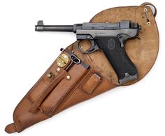 Excellent condition Husqvarna Lahti semi-auto pistol with original holster, Swedish, World War II. Military Service, Military Equipment, Sweden, Leather