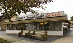 the outside of a restaurant with benches in front of it and an awning on the roof