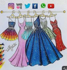 a drawing of three dresses hanging on a clothes line with the caption we fit