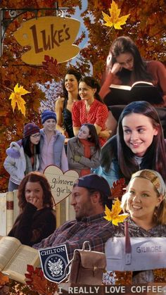 a collage of people with autumn leaves on them and the caption reads, i really love coffee