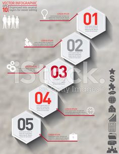 info graphic design with red and white hexagons on grey background stock photo