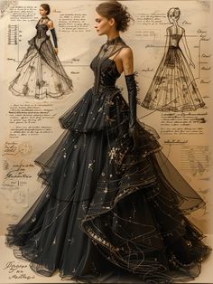 Black Dramatic Dress, Fantasy Fashion Dresses, Dark Ball Aesthetic, Women Designer Outfits, Mystical Outfit Ideas, Gothic Fairy Wedding Dress, Black Dress Fantasy Gowns, Black Wedding Dress Princess, Fantasy Dresses Aesthetic