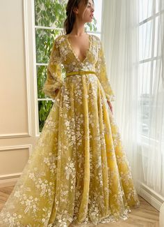 Cream Lace Long Sleeve Gown, Elegant Long Sleeve Yellow Gown, Yellow Floor-length Gown For Banquets, Yellow Floor-length Gown For Banquet, Yellow Long Sleeve Party Gown, Yellow Floor-length Dress With Floral Embroidery, Yellow Floral Embroidered Floor-length Dress, Yellow Floral Embroidery Floor-length Dress, Sun Gown